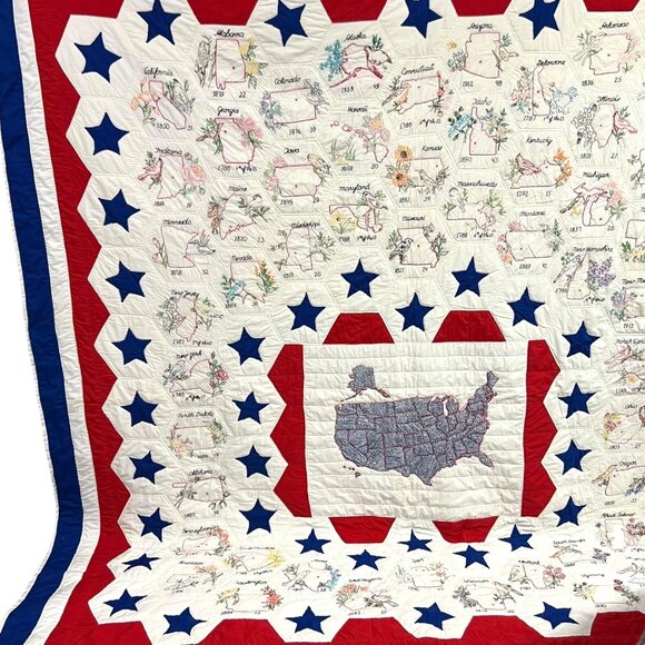 Rare 70s Hand Stitched Heirloom State Flowers Birds Statehood Patchwork Quilt - Picture 1 of 10